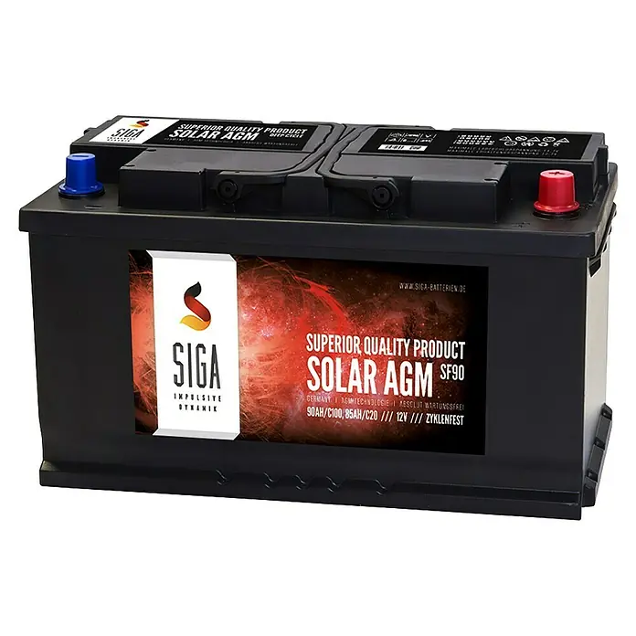 Solarbatterie SOLAR AGM - 90 Ah, 12 V - Eine hochwertige SIGA Solar AGM Batterie, ideal für Solaranwendungen, mit robustem Design und langer Lebensdauer.