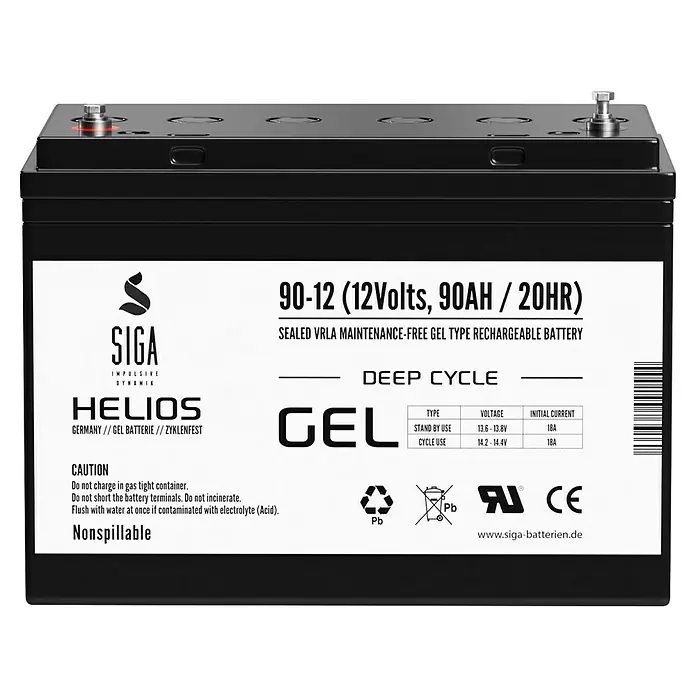 Akku Helios GEL - 90 Ah, 12 V - Abbildung einer SIGA Helios 90-12 Gel-Batterie, einer wartungsfreien 12V 90AH Deep-Cycle-Batterie mit VRLA-Technologie.