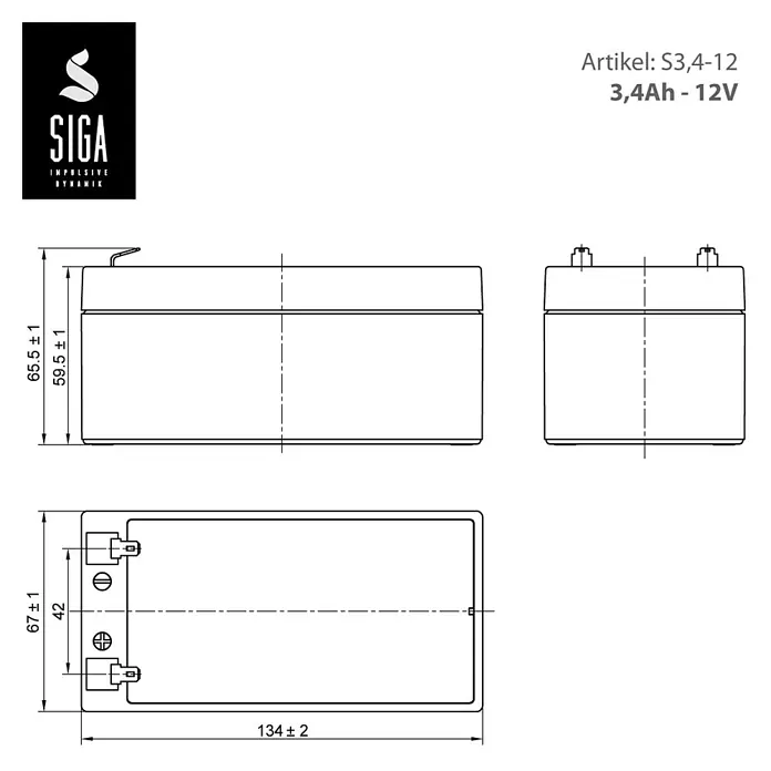 Akku Phaeton AGM - 3,4 Ah, 12 V - Technische Zeichnung einer SIGA S3,4-12 Batterie mit den Maßen 65,5 x 67 x 134 mm und einer Kapazität von 3,4Ah bei 12V.