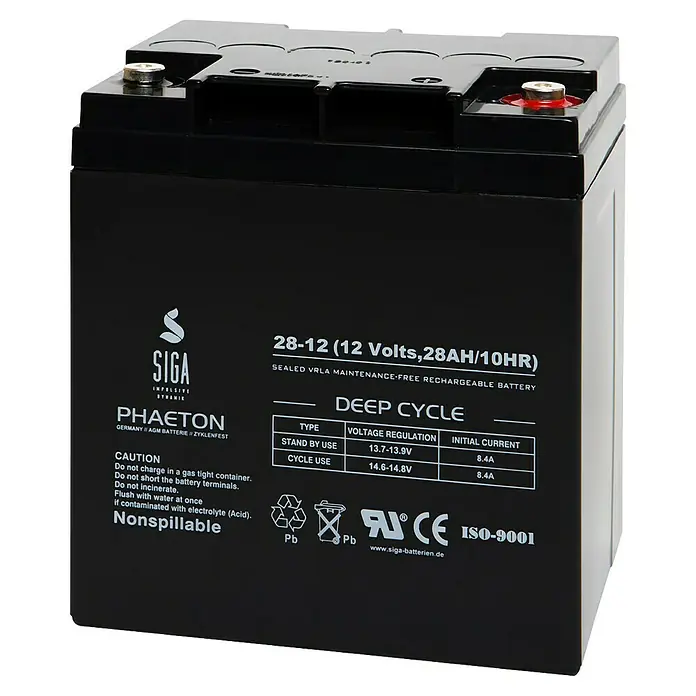 Akku Phaeton AGM Deep Cycle - 28 Ah, 12 V - Schwarze SIGA 28-12 (12 Volt, 28AH/10HR) VRLA-Wartungsfreie Deep Cycle Batterie.