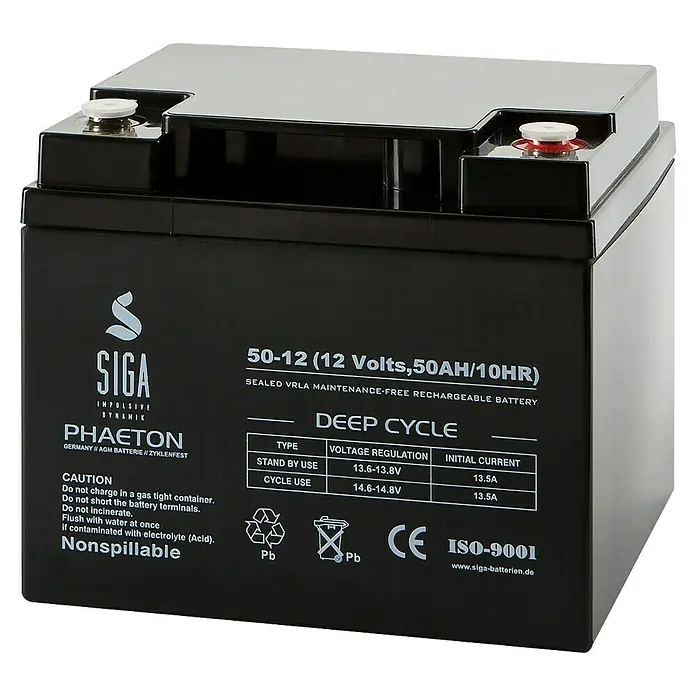 Akku Phaeton AGM Deep Cycle - 50 Ah, 12 V - Hier ist eine SIGA Phaeton 50-12 Deep Cycle Batterie, eine wartungsfreie und wiederaufladbare VRLA-Batterie für vielfältige Anwendungen.