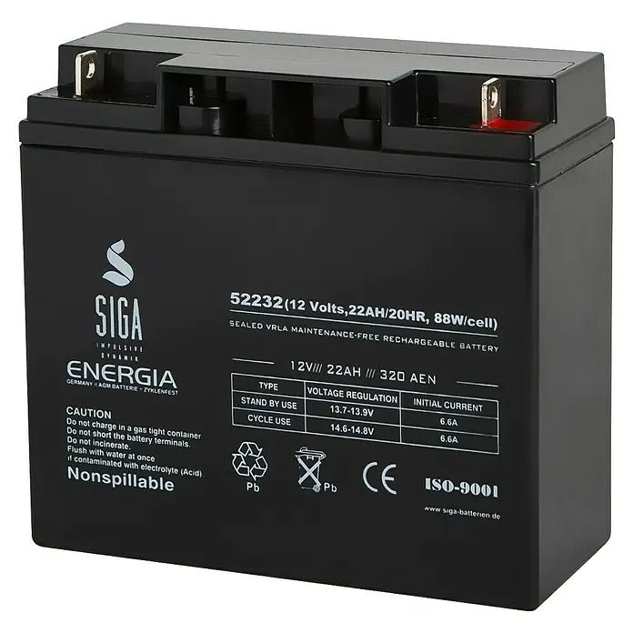 Akku Energia AGM - 22 Ah, 12 V - Das Bild zeigt eine schwarze SIGA ENERGIA Batterie, ein wartungsfreies, wiederaufladbares VRLA-Modell mit 12 Volt und 22Ah.
