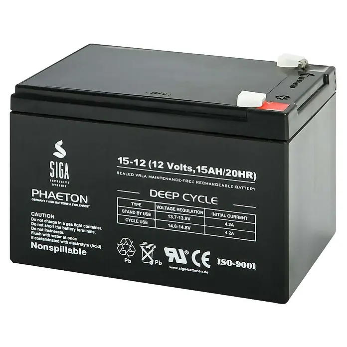 Akku Phaeton AGM Deep Cycle - 15 Ah, 12 V - Bild einer schwarzen SIGA 15-12 Deep Cycle Batterie (12 Volt, 15AH/20HR) mit Warnhinweisen und Zertifizierungen.