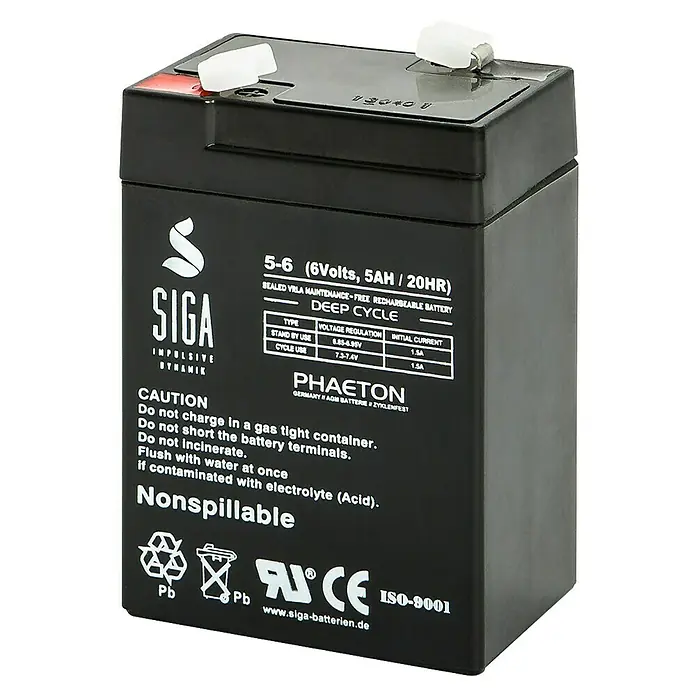 Akku Phaeton AGM Deep Cycle - 5 Ah, 6 V - Ein SIGA 5-6 (6 Volt, 5Ah / 20h) wartungsfreier, wiederaufladbarer Blei-Säure-Akku mit Tiefenzyklus, ideal für vielfältige Anwendungen.