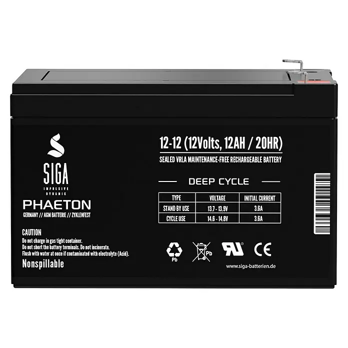 Akku Phaeton AGM Deep Cycle - 12 Ah, 12 V - Abbildung einer SIGA 12-12 Deep Cycle Batterie (12Volt, 12AH/20HR), eine wartungsfreie, wiederaufladbare VRLA-Batterie.