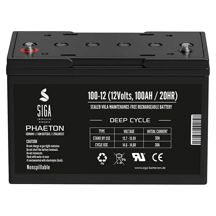 Akku Helios GEL - 100 Ah, 12 V - Abbildung einer SIGA 100-12 Deep-Cycle-Batterie (12 Volt, 100 Ah).