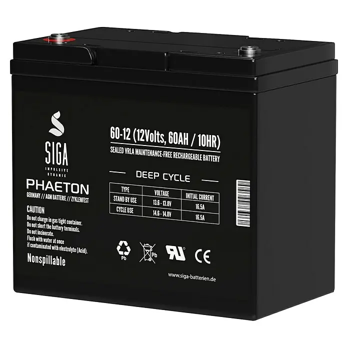 Akku Phaeton AGM Deep Cycle - 60 Ah, 12 V - Schwarze SIGA 60-12 Deep Cycle Batterie (12Volt, 60AH/10HR) mit detaillierten technischen Daten und Sicherheitshinweisen auf dem Etikett.
