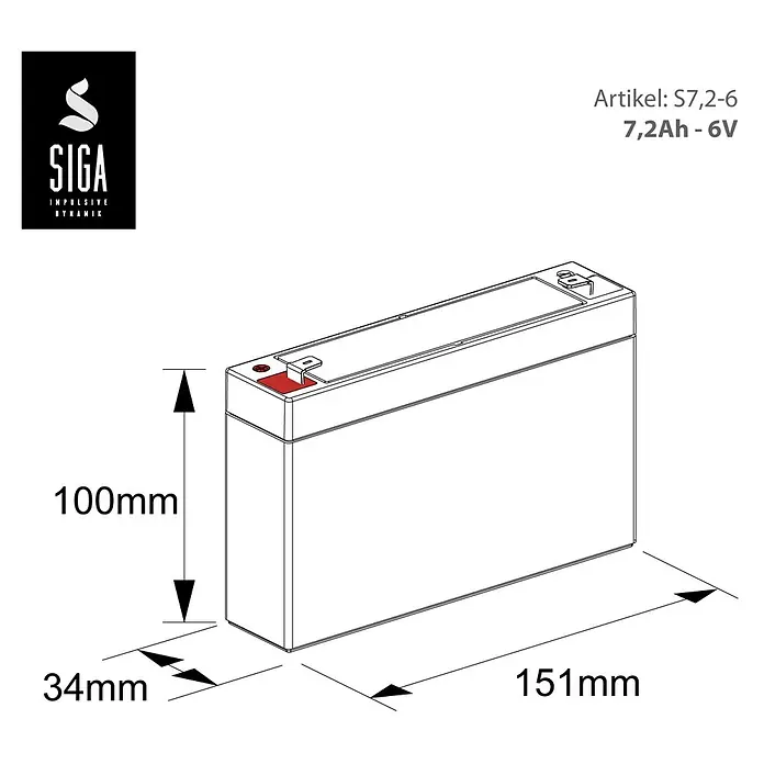 Akku Phaeton AGM Deep Cycle - 7,2 Ah, 6 V - Produktabbildung einer SIGA S7,2-6 7,2Ah-6V Batterie mit den Maßen 100x34x151 mm.
