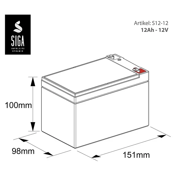 Akku Phaeton AGM Deep Cycle - 12 Ah, 12 V - Abbildung einer SIGA S12-12 12Ah-12V Batterie mit den Maßen 100mm Höhe, 98mm Breite und 151mm Länge.