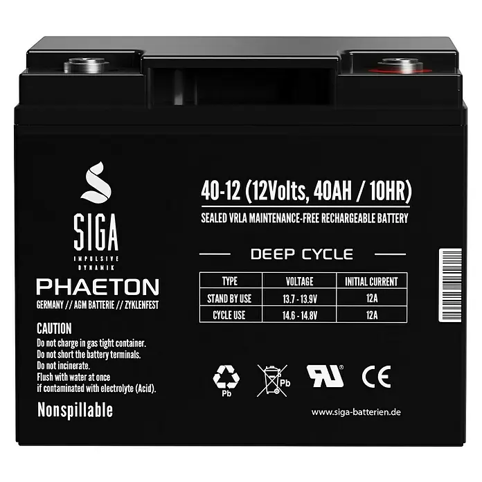 Akku Phaeton AGM Deep Cycle - 40 Ah, 12 V - Abbildung einer SIGA 40-12 (12Volt, 40AH / 10HR) wartungsfreien, wiederaufladbaren VRLA Batterie für tiefe Zyklen.