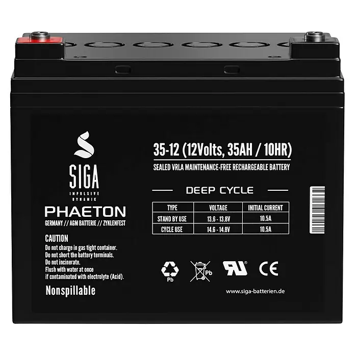 Akku Phaeton AGM Deep Cycle - 35 Ah, 12 V - Abbildung einer SIGA 35-12 (12Volt, 35AH/10HR) versiegelten VRLA wartungsfreien wiederaufladbaren Batterie mit Deep Cycle Technologie.
