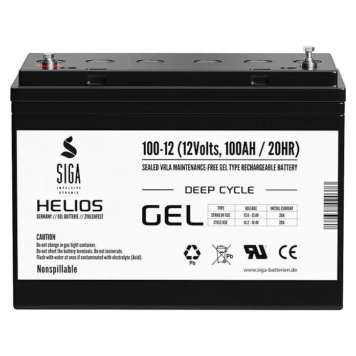 Akku Helios GEL - 100 Ah, 12 V - Abbildung einer SIGA Helios 100-12 GEL Batterie, eine wartungsfreie, wiederaufladbare 12V/100Ah Batterie für zyklische Anwendungen.