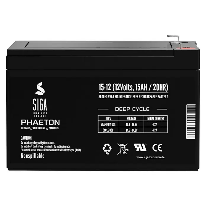 Akku Phaeton AGM Deep Cycle - 15 Ah, 12 V - Schwarze SIGA 15-12 VRLA Deep Cycle Batterie, wartungsfrei und wiederaufladbar, ideal für zuverlässige Stromversorgung.