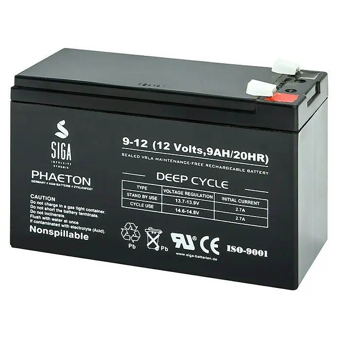 Akku Phaeton AGM Deep Cycle - 9 Ah, 12 V - Ein schwarzer SIGA Phaeeton Deep Cycle Akku, ein wartungsfreier 9-12V/9AH/20HR VRLA-Akku für zuverlässige Leistung.