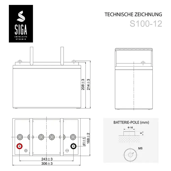 Akku Helios GEL - 100 Ah, 12 V - Technische Zeichnung einer S100-12 Batterie von SIGA mit den Abmessungen und Details zu den Batteriepolen.