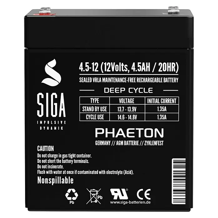 Akku Phaeton AGM Deep Cycle - 4,5 Ah, 12 V - Produktabbildung einer SIGA 4.5-12 VRLA wartungsfreien wiederaufladbaren Batterie, ideal für zyklische Anwendungen und Notstromversorgung.