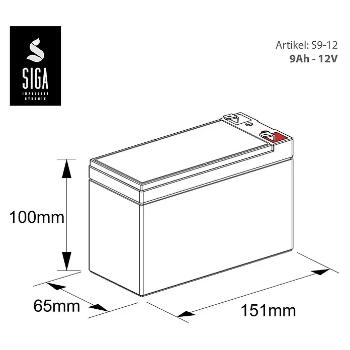 Akku Phaeton AGM Deep Cycle - 9 Ah, 12 V - Abbildung einer SIGA S9-12 9Ah-12V Batterie mit Abmessungen für Höhe (100mm), Breite (65mm) und Länge (151mm) dargestellt.
