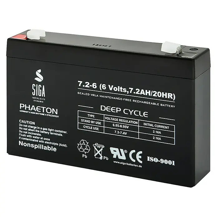 Akku Phaeton AGM Deep Cycle - 7,2 Ah, 6 V - Aufnahme einer SIGA 7.2-6 (6 Volt, 7.2AH/20HR) VRLA-Batterie, ideal für die zuverlässige und wartungsfreie Stromversorgung im Tiefzyklusbetrieb.