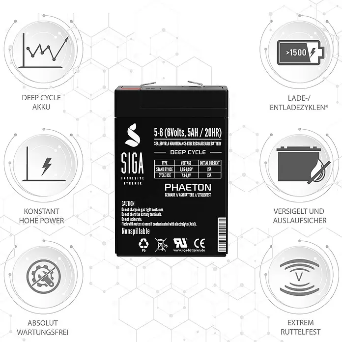 Akku Phaeton AGM Deep Cycle - 5 Ah, 6 V - Abbildung einer SIGA Deep Cycle Batterie, 5-6 Volt, 5AH/20HR, eine wartungsfreie, wiederaufladbare VRLA-Batterie für zuverlässige Leistung.