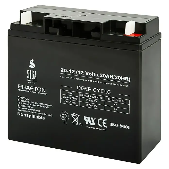 Akku Phaeton AGM Deep Cycle - 20 Ah, 12 V - Abbildung einer SIGA 20-12 Deep Cycle Batterie, 12 Volt, 20AH/20HR, wartungsfrei und wiederaufladbar, ideal für tiefe Zyklen.