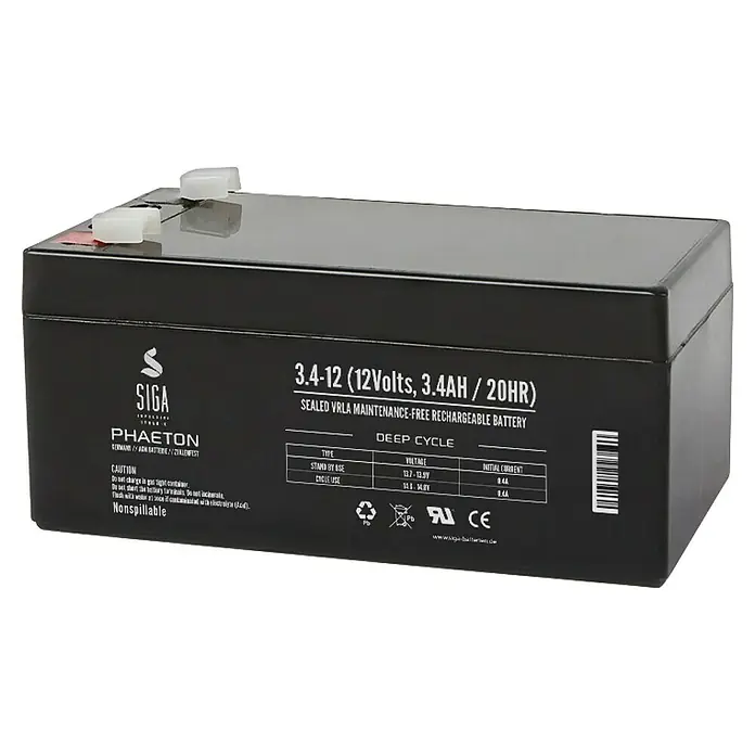 Akku Phaeton AGM - 3,4 Ah, 12 V - Bild einer schwarzen SIGA Phaeton 3.4-12 Batterie (12 Volt, 3.4AH/20HR), eine wartungsfreie, wiederaufladbare VRLA-Batterie für tiefe Zyklen.
