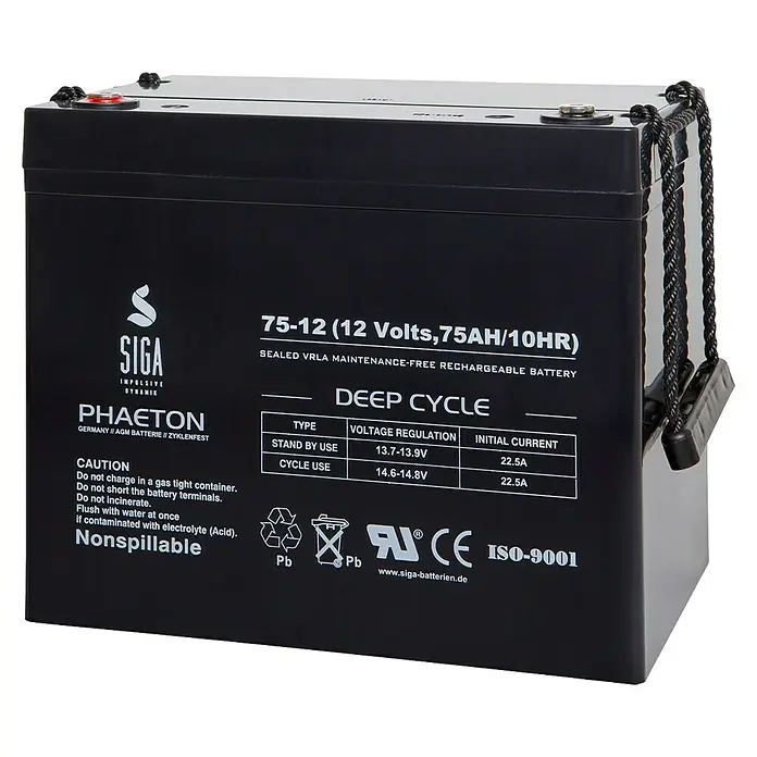Akku Phaeton AGM Deep Cycle - 75 Ah, 12 V - Abbildung einer SIGA 75-12 Deep Cycle Batterie, eine wartungsfreie, wiederaufladbare 12V 75AH Batterie für vielfältige Anwendungen.