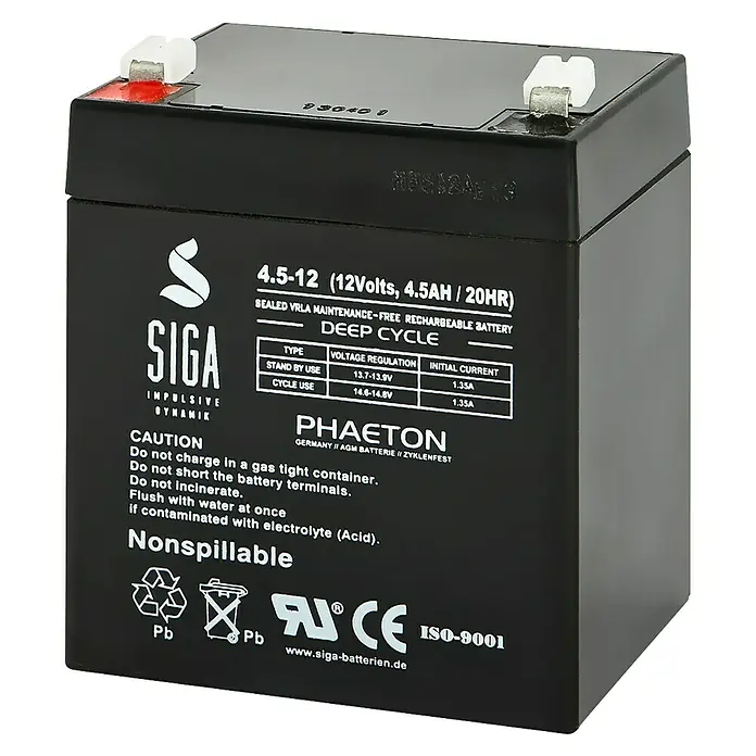 Akku Phaeton AGM Deep Cycle - 4,5 Ah, 12 V - Schwarze SIGA 4.5-12 Batterie mit 12 Volt und 4.5 AH, ideal für eine zuverlässige Stromversorgung im Deep-Cycle-Betrieb.