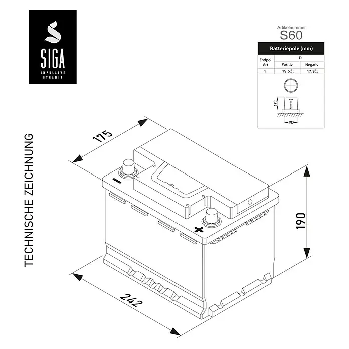 Solarbatterie S100 - 60 Ah, 12 V - Technische Zeichnung der Siga S60 Autobatterie mit Maßangaben zu Länge, Breite, Höhe und Pol-Durchmesser.
