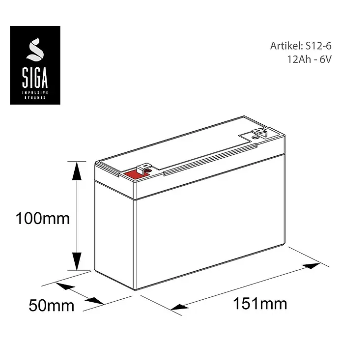 Akku Phaeton AGM Deep Cycle - 12 Ah, 6 V - Produktbild einer SIGA S12-6 12Ah-6V Batterie mit den Maßen 100mm Höhe, 50mm Breite und 151mm Länge.