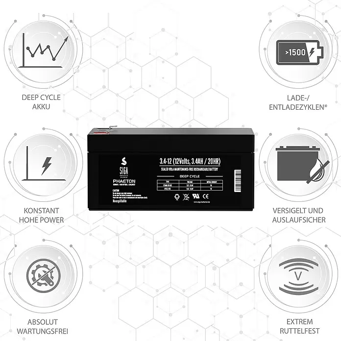 Akku Phaeton AGM - 3,4 Ah, 12 V - Produktabbildung einer SIGA Phaeton 3.4-12 (12Volt, 3.4AH/20HR) Deep Cycle Batterie mit Produktmerkmalen.