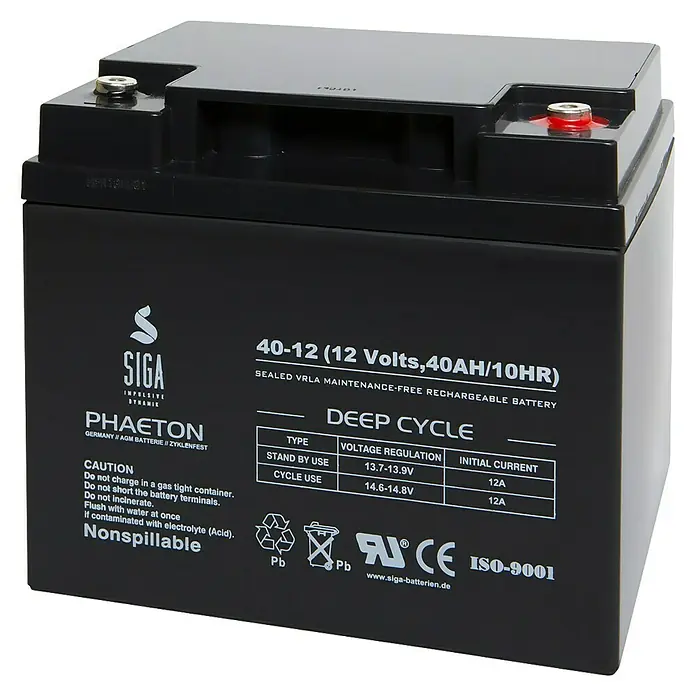 Akku Phaeton AGM Deep Cycle - 40 Ah, 12 V - Bild einer schwarzen SIGA Phaeton 40-12 Deep Cycle Batterie.