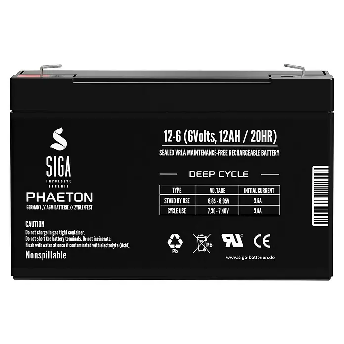 Akku Phaeton AGM Deep Cycle - 12 Ah, 6 V - Abbildung einer Siga Phaeton 12-6 Batterie (6 Volt, 12 Ah/20 h), einer wartungsfreien, wiederaufladbaren VRLA-Batterie für zyklische Beanspruchung.