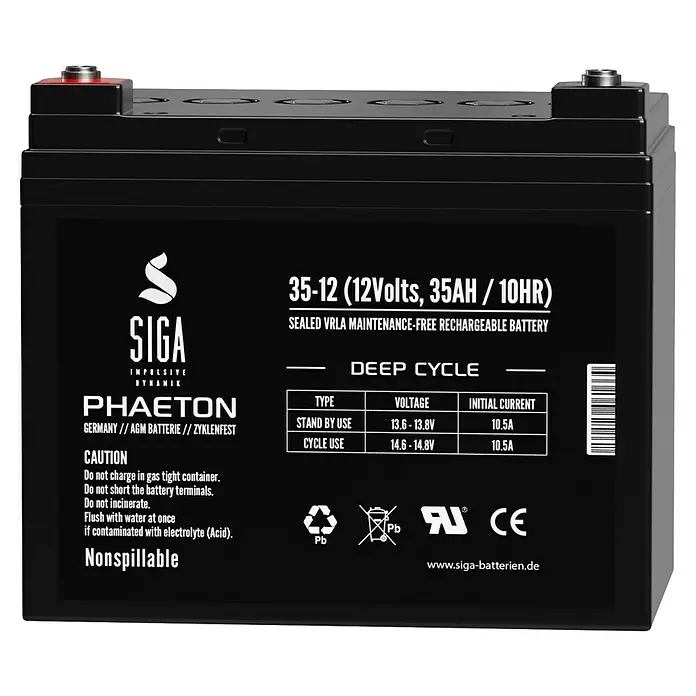 Akku Phaeton AGM Deep Cycle - 35 Ah, 12 V - Abbildung einer SIGA Phaeton 35-12 Deep Cycle Batterie, 12 Volt, 35AH, wartungsfrei und wiederaufladbar für zuverlässige Leistung.