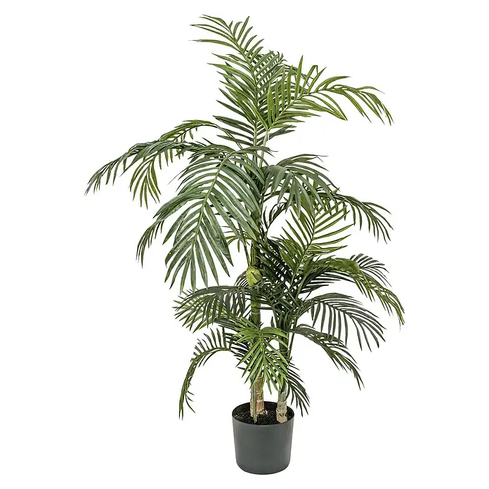 Kunstpflanze Areca Palme - Höhe: 150 cm, Grün, Kunststoff - Nahaufnahme einer Zimmerpalme in einem Topf. Die Pflanze hat üppige, grüne Blätter, die sich elegant ausbreiten und eine tropische Atmosphäre schaffen.