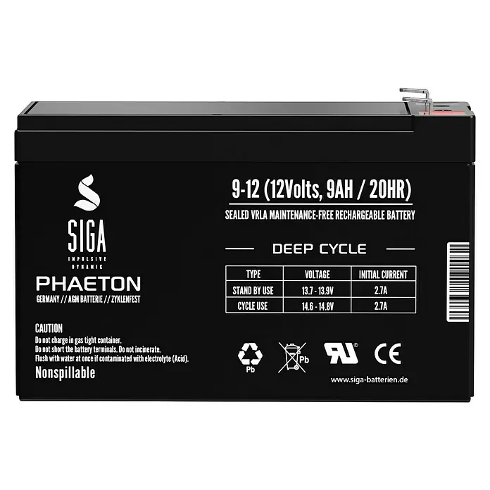Akku Phaeton AGM Deep Cycle - 9 Ah, 12 V - Abbildung einer SIGA Phaeton 9-12 V, 9 AH/20 HR Deep Cycle Batterie, eine wartungsfreie, wiederaufladbare VRLA-Batterie.