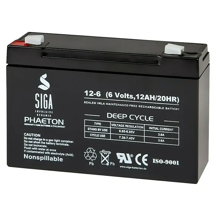 Akku Phaeton AGM Deep Cycle - 12 Ah, 6 V - Bild einer SIGA 12-6 (6 Volt, 12AH/20HR) Deep Cycle Batterie, einer verschlossenen, wartungsfreien und wiederaufladbaren VRLA-Batterie.