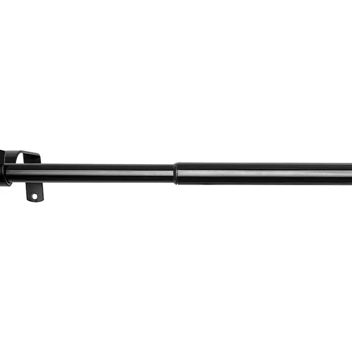 Komplettgarnitur Cap - Schwarz, 120 cm - 210 cm, Metall, Ausziehbar - Nahaufnahme einer schwarzen, ausziehbaren Duschvorhangstange mit einer Halterung, ideal für Badezimmer.