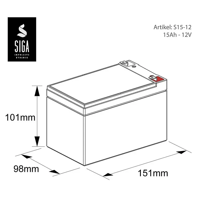 Akku Phaeton AGM Deep Cycle - 15 Ah, 12 V - Darstellung einer SIGA-Batterie S15-12 15Ah - 12V mit den Maßen 151mm x 98mm x 101mm.