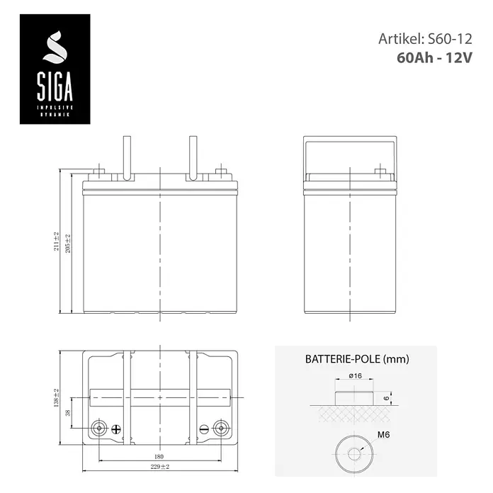 Akku Phaeton AGM Deep Cycle - 60 Ah, 12 V - Abbildung einer Siga S60-12 60Ah-12V Batterie, die ihre Abmessungen und Pole zeigt, ideal für technische Datenblätter.