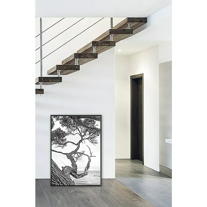 Nielsen Alurahmen Classic - 70 x 90 cm, Schwarz - Modernes Interieur mit freitragender Treppe und einem gerahmten Schwarz-Weiß-Foto eines Baumes. Das Bild harmoniert wunderbar mit der Treppe.