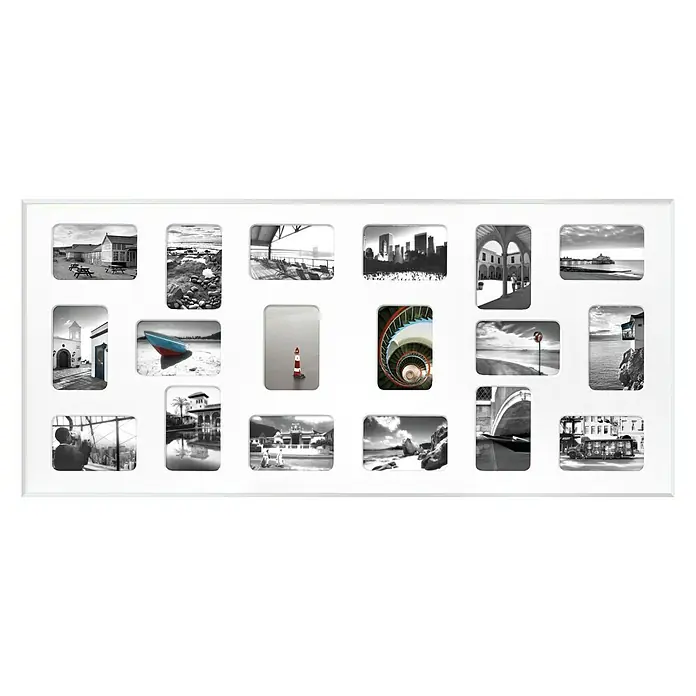 Collagerahmen Pixel - Anzahl Fotoplatzhalter: 18 Stk., Weiß, Glas - Eine weiße Fotocollage mit 16 schwarz-weißen Fotos verschiedener Szenen. Die Collage bietet eine elegante Möglichkeit, Erinnerungen festzuhalten.