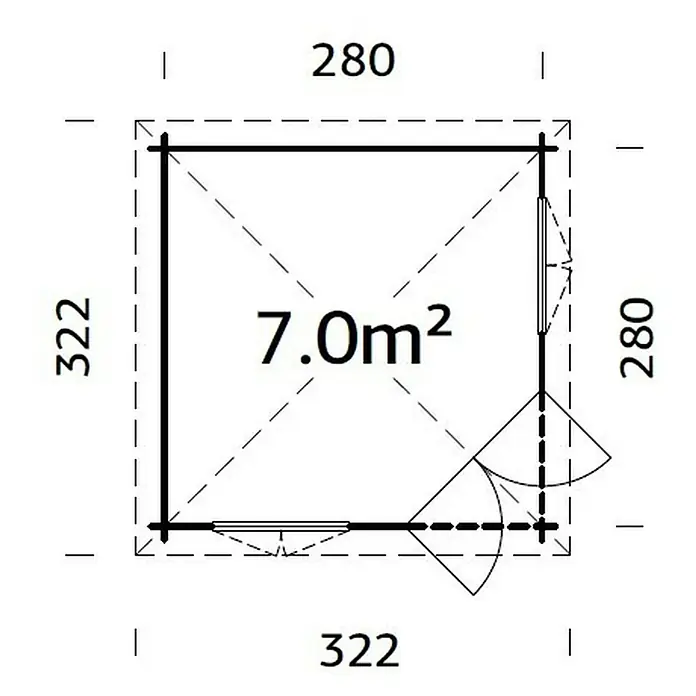 Palmako Caseta de jardín Melanie - Medidas ext. (An x Pr): 322 x 322 cm, Madera, Natural, 7 m² - Plano de una caseta de jardín de 322 x 280 cm con una superficie de 7.0 m². El plano muestra ventanas y una puerta.