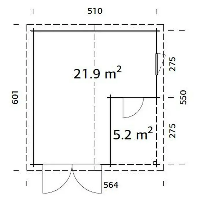 Palmako Garaje Roger con puerta abatible - Medidas ext. (An x Pr): 564 x 601 cm, Madera, Natural, 27,1 m² - Plano de planta de un edificio con indicaciones de superficie de 21,9 m² y 5,2 m² y dimensiones en milímetros.