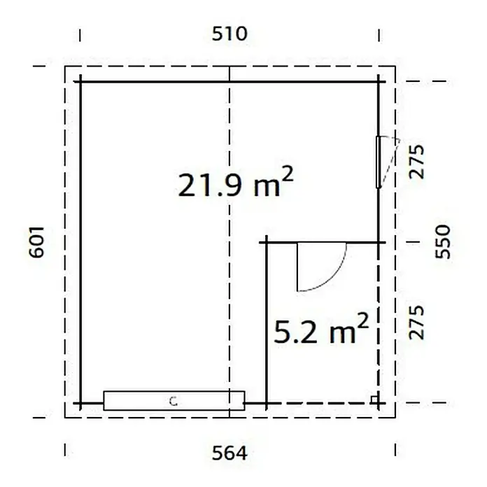 Palmako Garaje Roger con puerta seccional - Medidas ext. (An x Pr): 564 x 601 cm, Madera, Natural, 27,1 m² - Plano de una casa con dos habitaciones de 21,9 m² y 5,2 m², con dimensiones indicadas en milímetros.