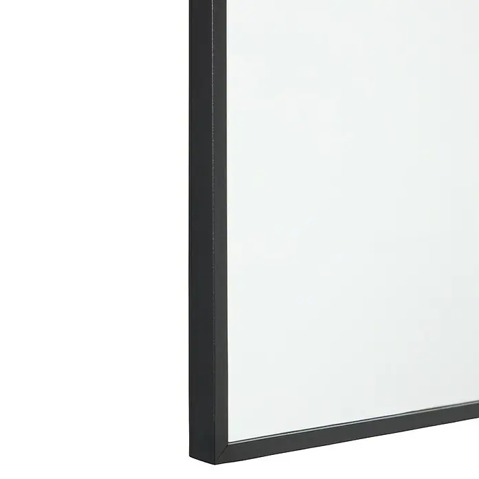 Espejo de pared Alina Baby - 80 x 85 cm, Negro - Vista detallada de un marco de ventana moderno negro con un cristal blanco, enfatizando un diseño minimalista y líneas limpias.