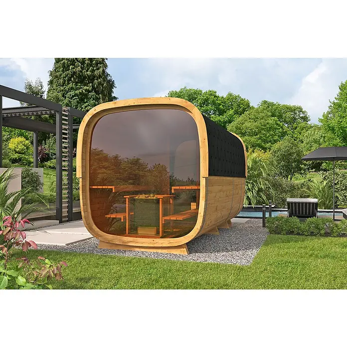 Tuindeco Saunahaus Cube Rovaniemi - L x B x H: 286 x 219 x 234 cm, Ohne Ofen, Großes Panorama‑Fenster - Ein einzigartiges Fass-Sauna-Design mit Glasfront, das sich perfekt in jeden Garten einfügt und Entspannung verspricht.