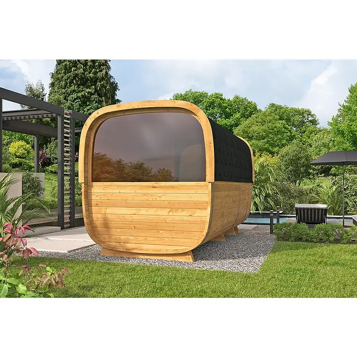 Tuindeco Saunahaus Cube Rovaniemi - L x B x H: 390 x 219 x 234 cm, Ohne Ofen, ½‑Panorama‑Fenster - Ein Fass-Sauna-Bausatz im Garten, perfekt für Entspannung. Die Sauna bietet ein einzigartiges Design und fügt sich nahtlos in die natürliche Umgebung ein.