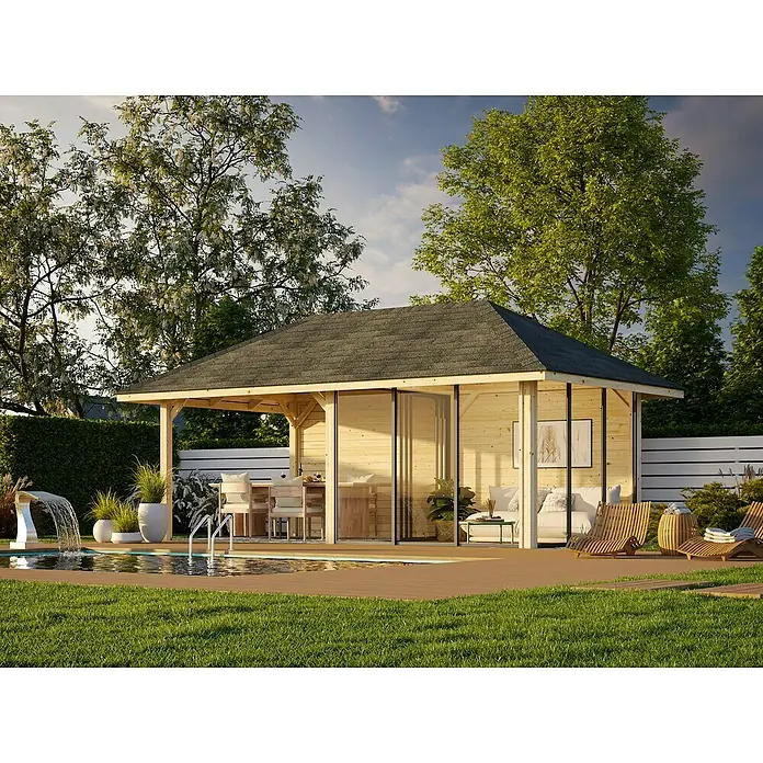 Palmako Caseta de jardín Bianca Set 206 Slide - Medidas ext. (An x Pr): 672 x 384 cm, Madera, Natural - Elegante pabellón de jardín con puertas correderas y vista a la piscina. El pabellón de madera ofrece un refugio exterior lujoso.