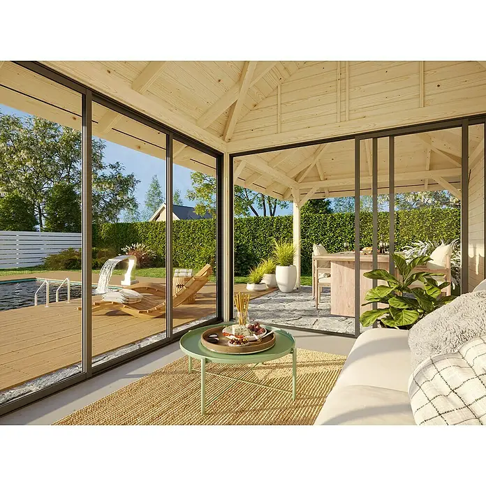 Palmako Caseta de jardín Bianca Set 206 Slide - Medidas ext. (An x Pr): 672 x 384 cm, Madera, Natural - Moderna glorieta con grandes puertas correderas de cristal que ofrecen vistas a la piscina y al patio del jardín. Construcción de madera clara e interiorismo acogedor.