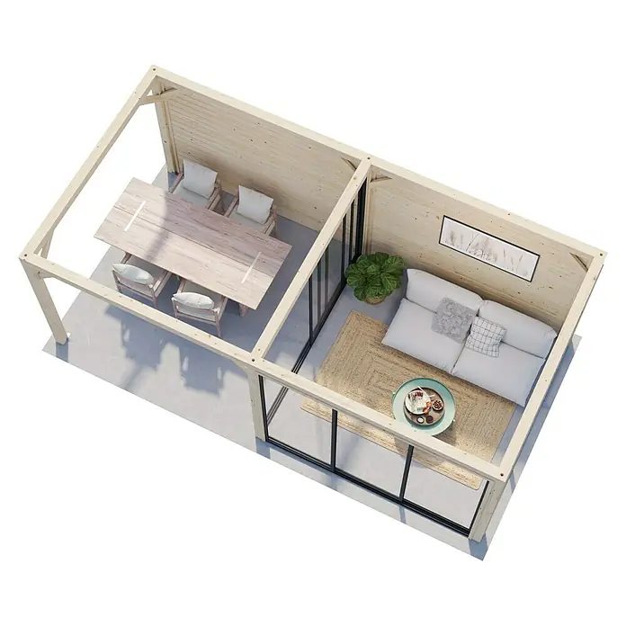 Palmako Caseta de jardín Bianca Set 206 Slide - Medidas ext. (An x Pr): 672 x 384 cm, Madera, Natural - Cabaña de madera luminosa con comedor y sala de estar. El comedor tiene una mesa y sillas, mientras que la sala de estar ofrece un sofá y una mesa de centro.